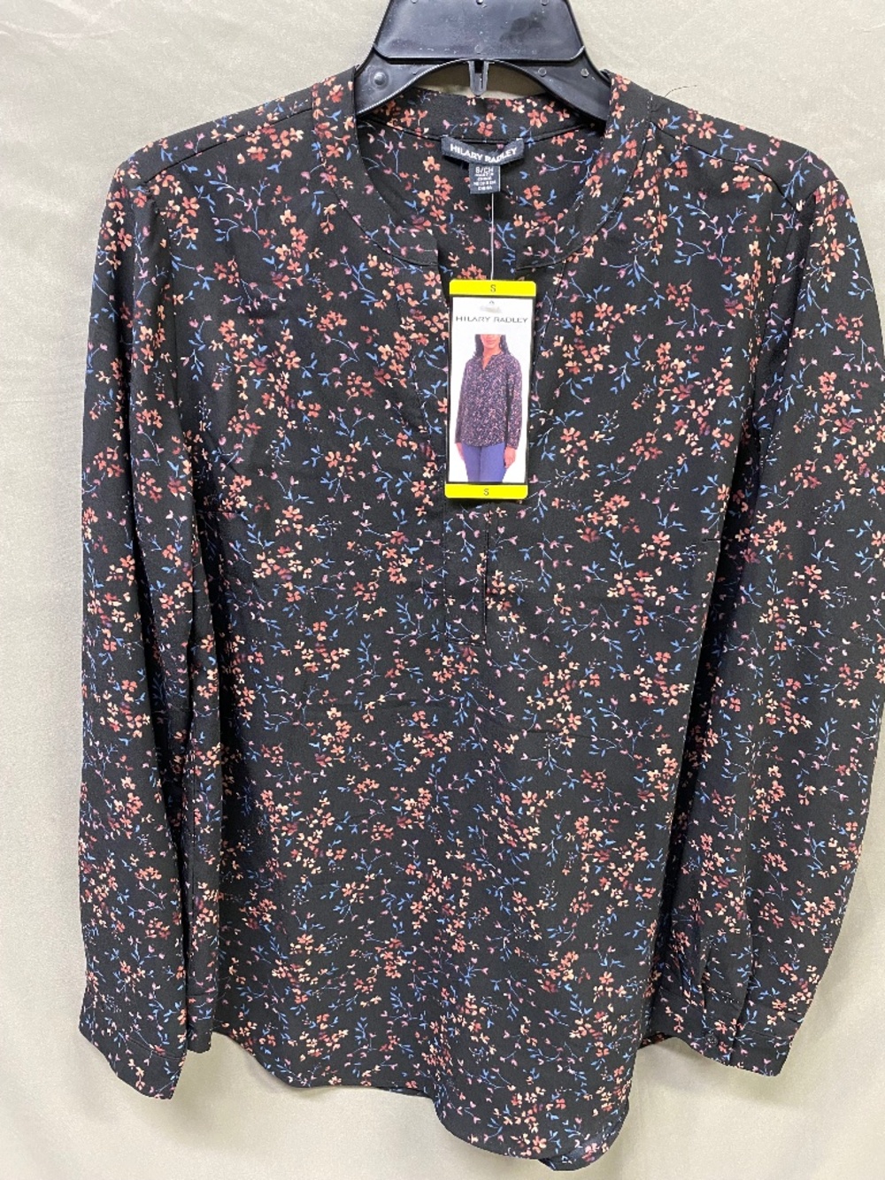 Hilary Radley Women's Long Sleeve Black Pink Blue Floral Blouse Size S NWT